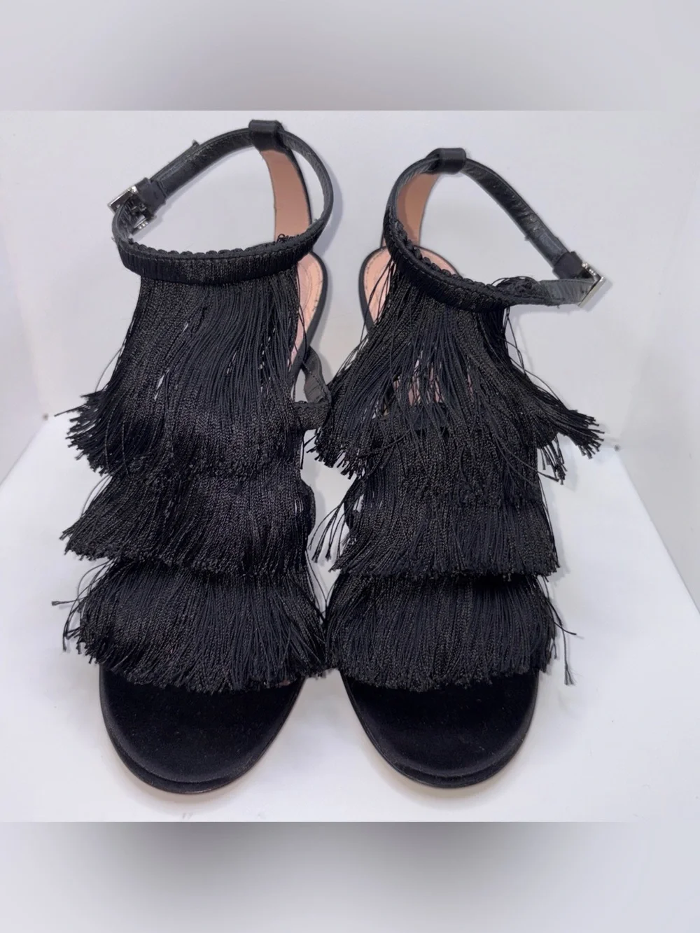 ALBERTA FERRETTI Black Tassel Fringe Shoes Stiletto High Heels SZ EU 39 US 8.5